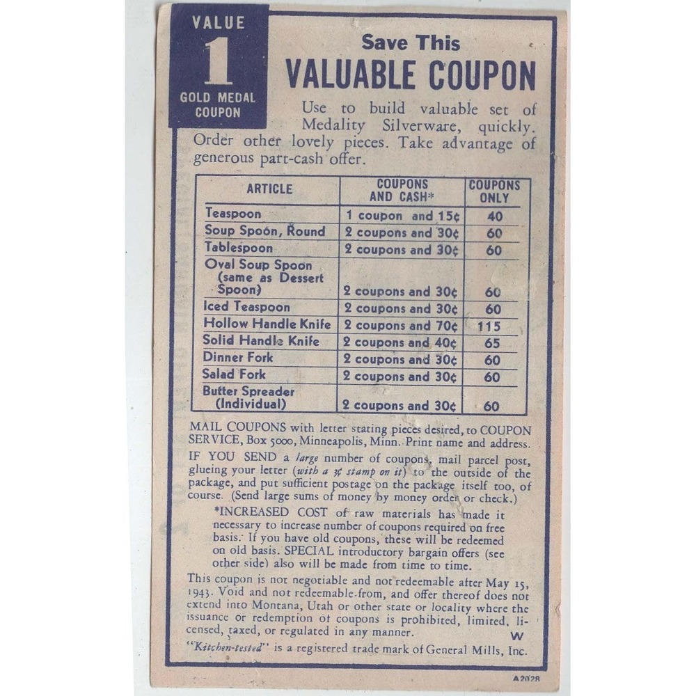 Vintage 1942 Gold Medal Coupon Oneida Medality Tablespoons Silverware Ad - Picture 2 of 2